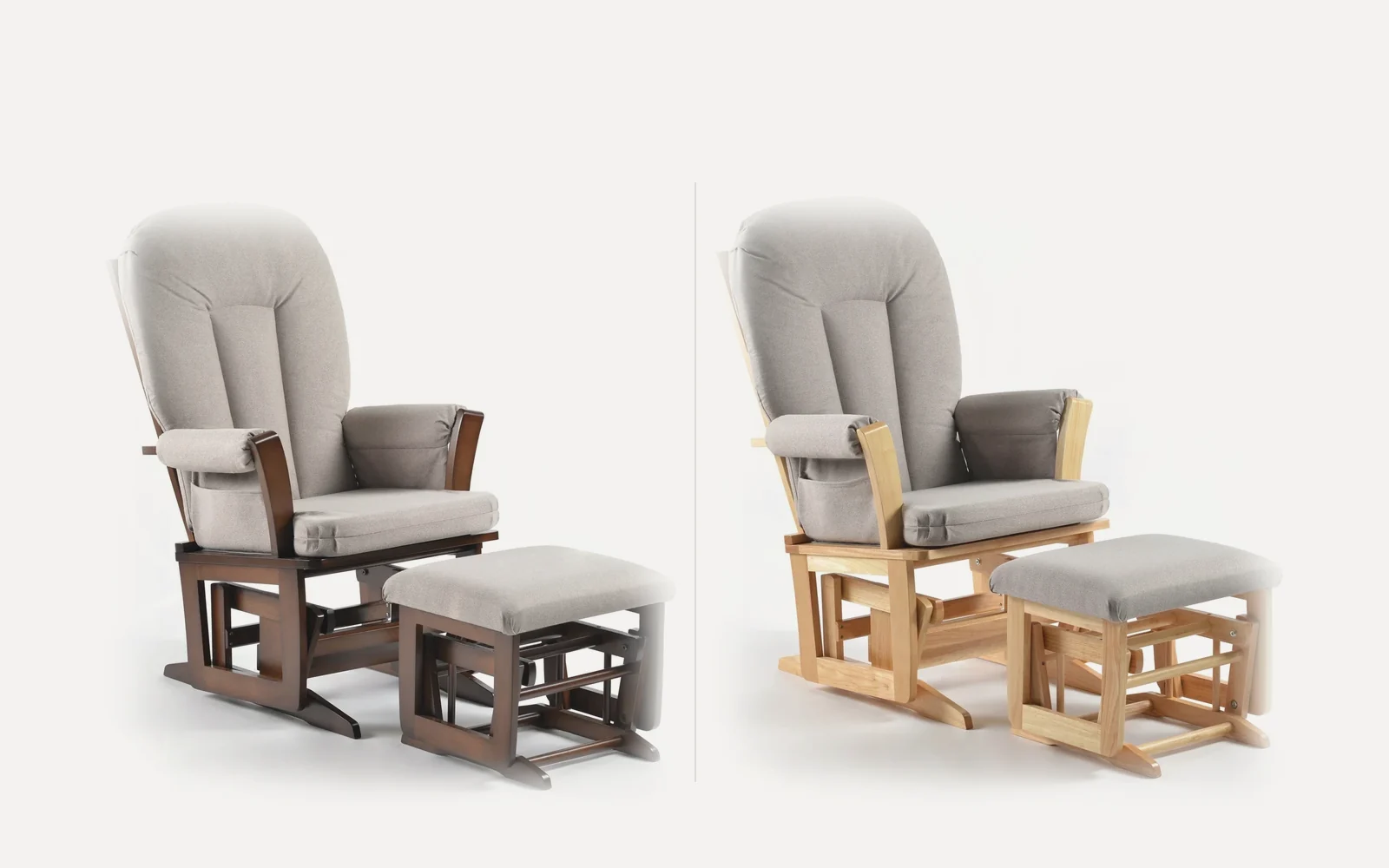 Joli Premium Glider in Light Gray shown on a walnut base and a natural base