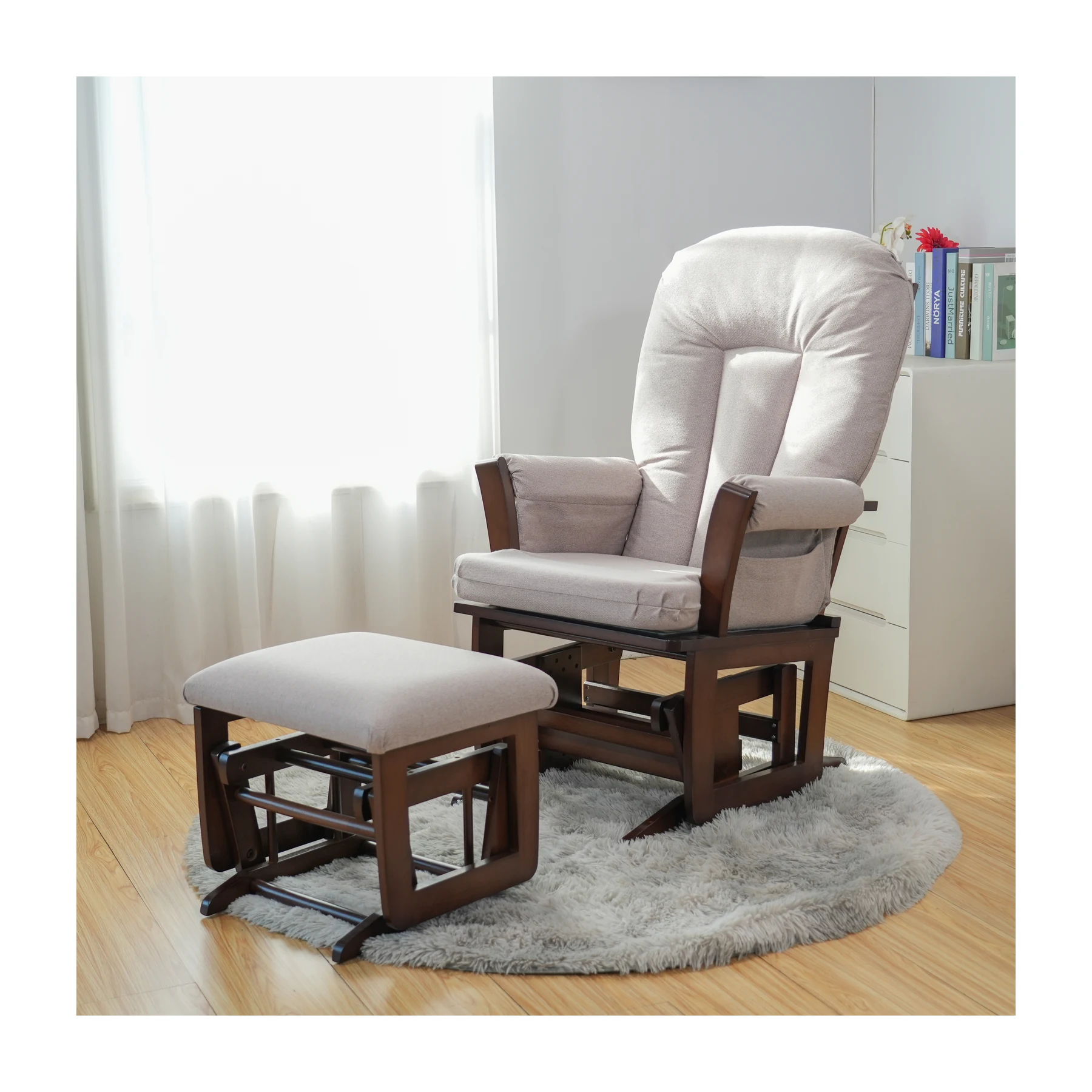 Joli Premium Glider Chair and Ottoman Set — Light Gray / Walnut Base — view 5